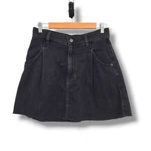 We The Free Denim Mini Skirt Frayed Hem Black Wash Pleated Size 28